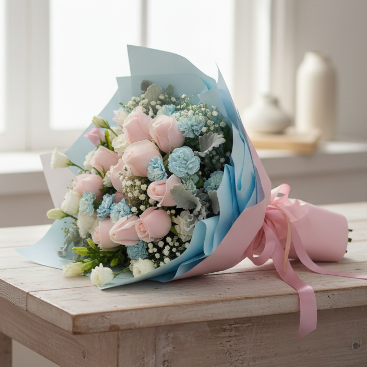 格蘭花店 - 鮮花花束 (粉玫瑰12枝、小丁香、桔梗、風鈴花、滿天星、米蘭葉) [FB050]