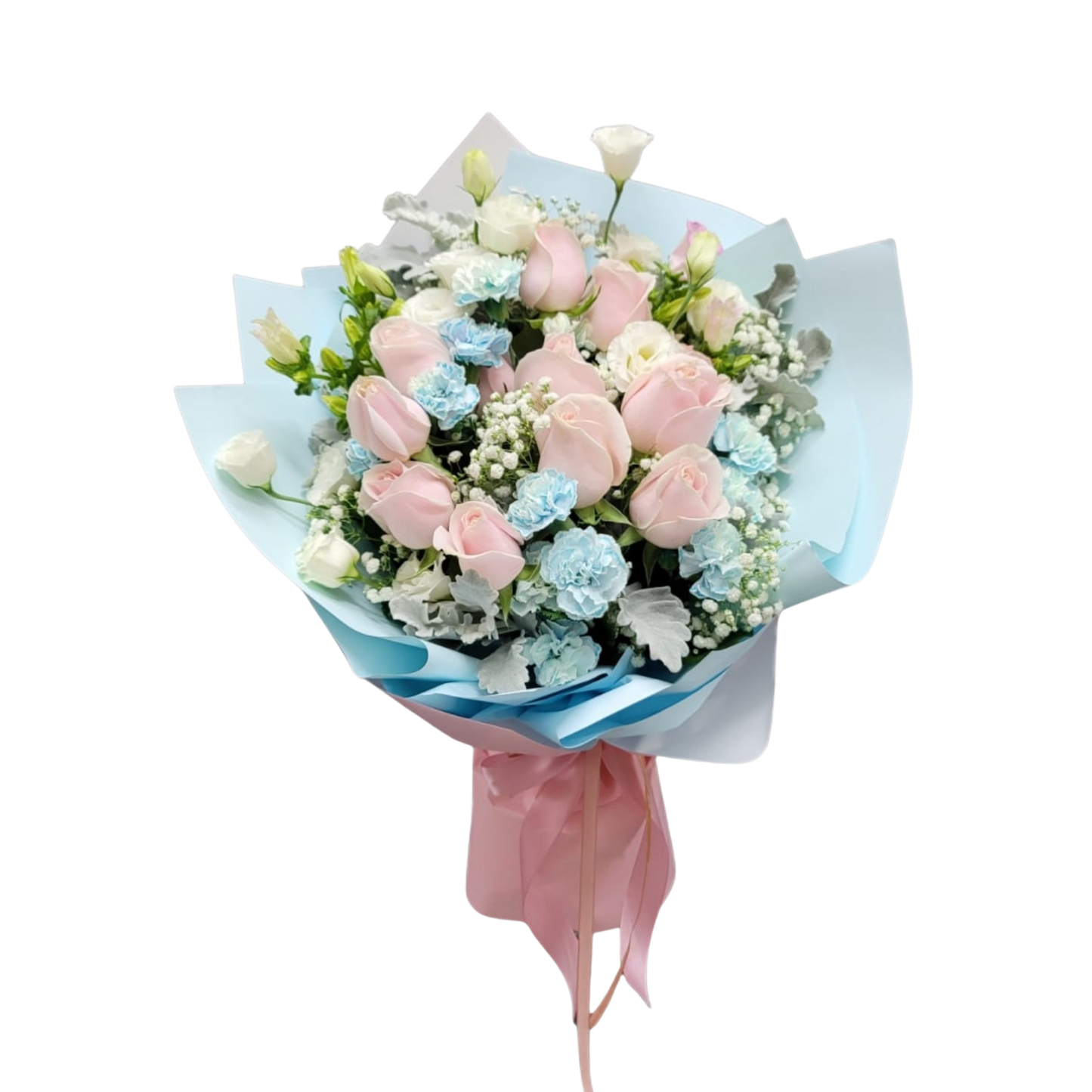 格蘭花店 - 鮮花花束 (粉玫瑰12枝、小丁香、桔梗、風鈴花、滿天星、米蘭葉) [FB050]