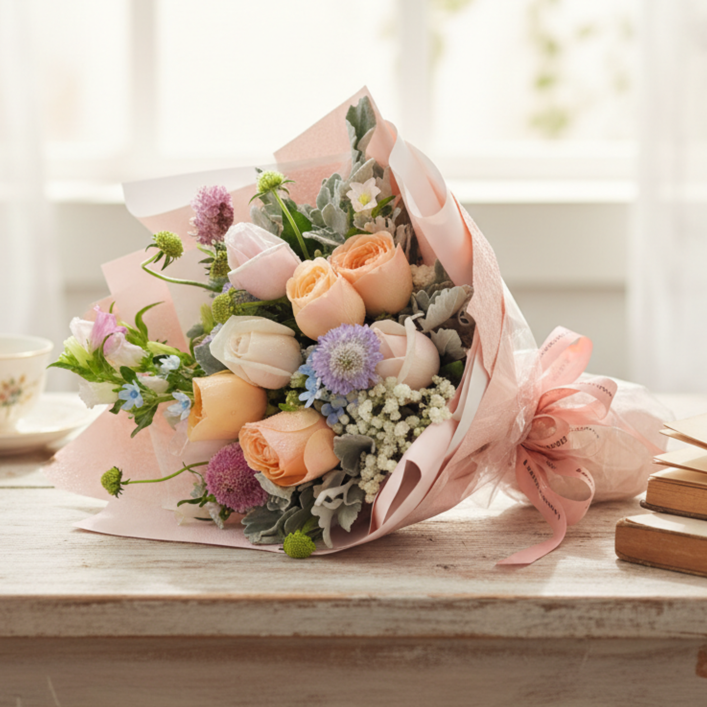 格蘭花店 - 鮮花花束 (香檳玫瑰9枝、蟲蟲草、 藍星花、風鈴花、滿天星、米蘭葉) [FB051]