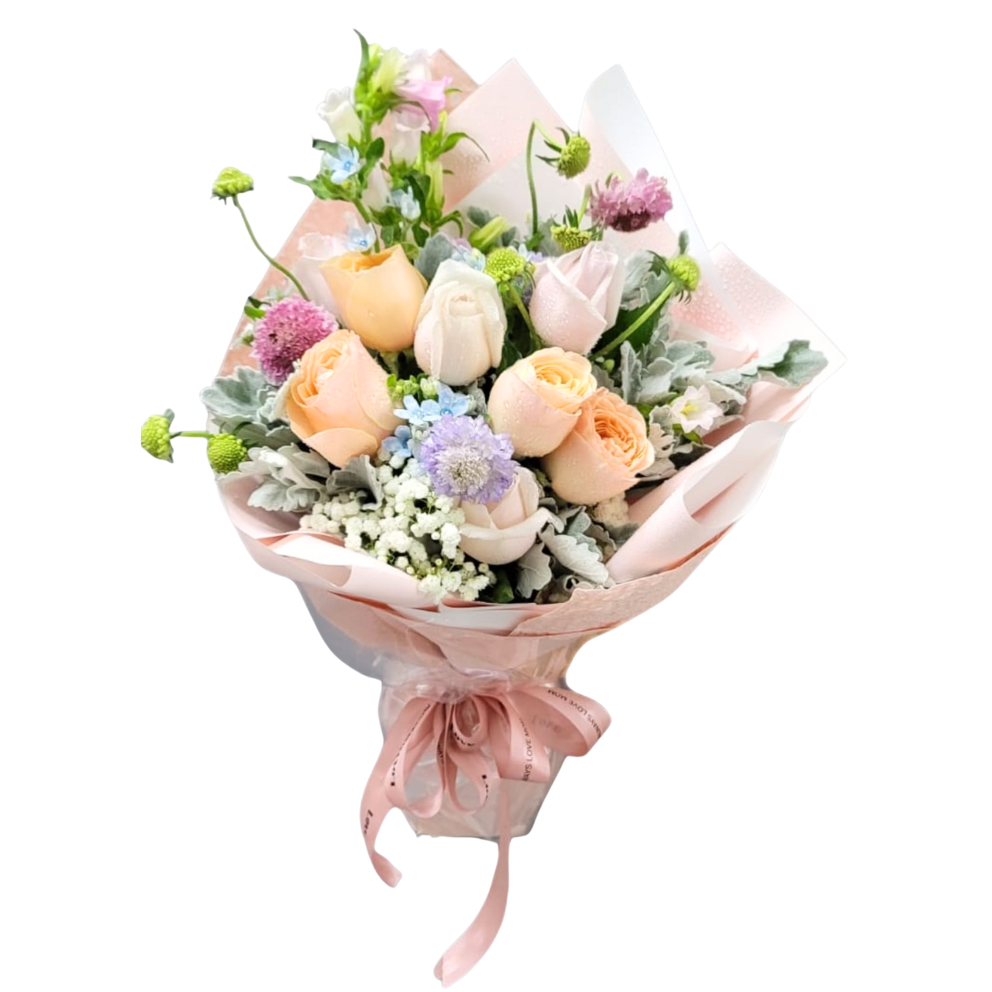 格蘭花店 - 鮮花花束 (香檳玫瑰9枝、蟲蟲草、 藍星花、風鈴花、滿天星、米蘭葉) [FB051]