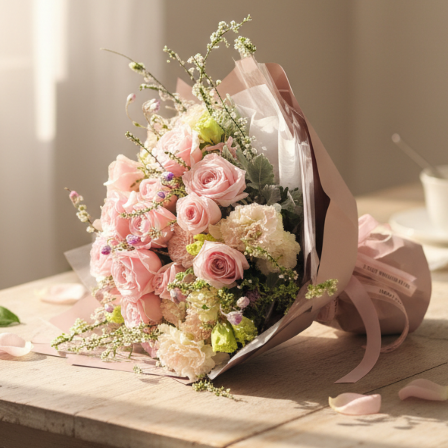 格蘭花店 - 鮮花花束 (玫瑰16枝、桔梗、雪柳、米娜葉及其他襯花) [FB056]