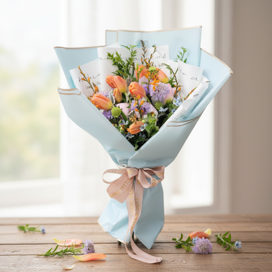 格蘭花店 - 鮮花花束 (鬱金香10枝、藍星花、蟲蟲草、及其他襯花) [FB057]