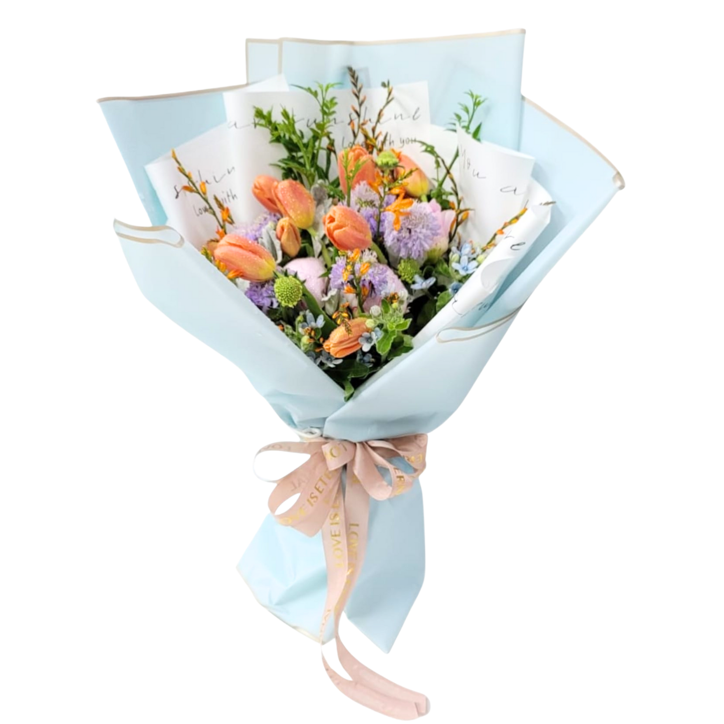 格蘭花店 - 鮮花花束 (鬱金香10枝、藍星花、蟲蟲草、及其他襯花) [FB057]