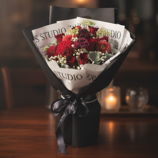 格蘭花店 - 鮮花花束 (玫瑰12枝、桔梗、滿天星、米娜葉及其他襯花) [FB058]