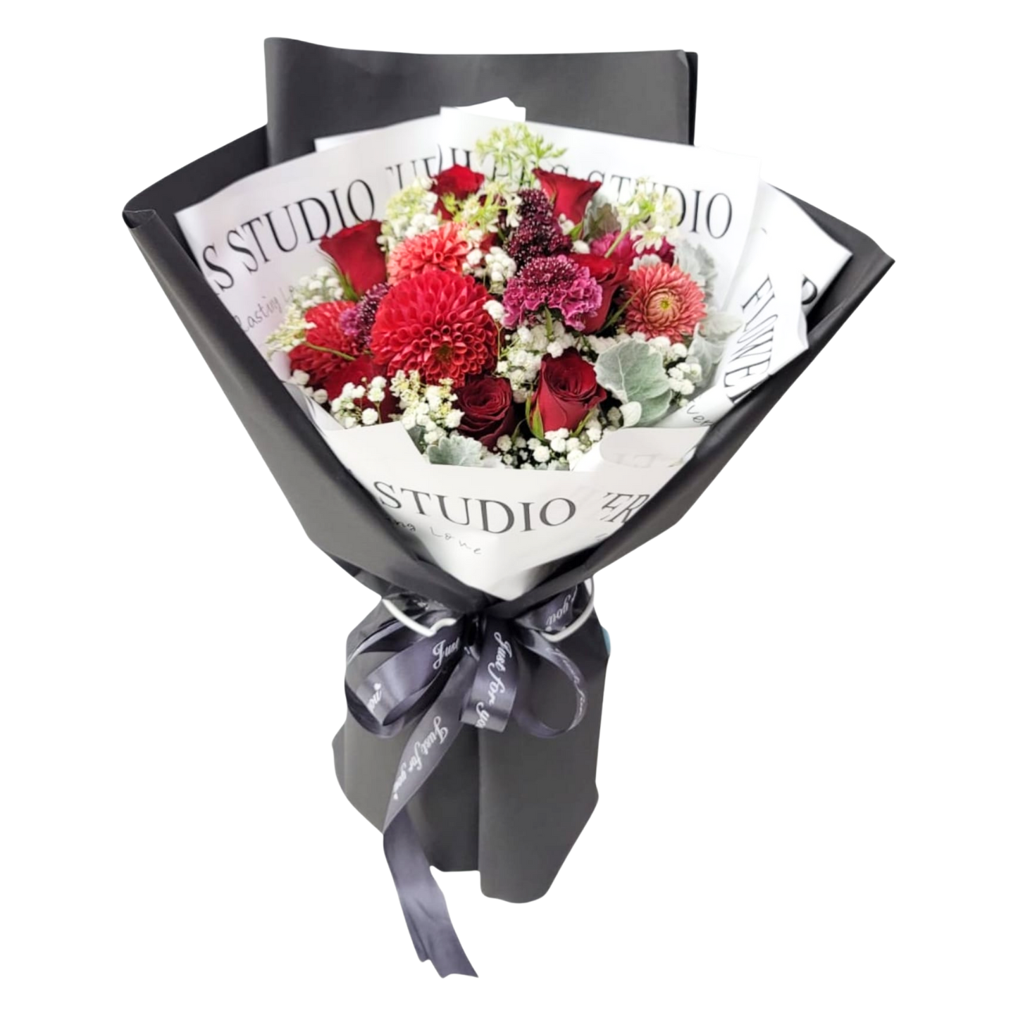 格蘭花店 - 鮮花花束 (玫瑰12枝、桔梗、滿天星、米娜葉及其他襯花) [FB058]