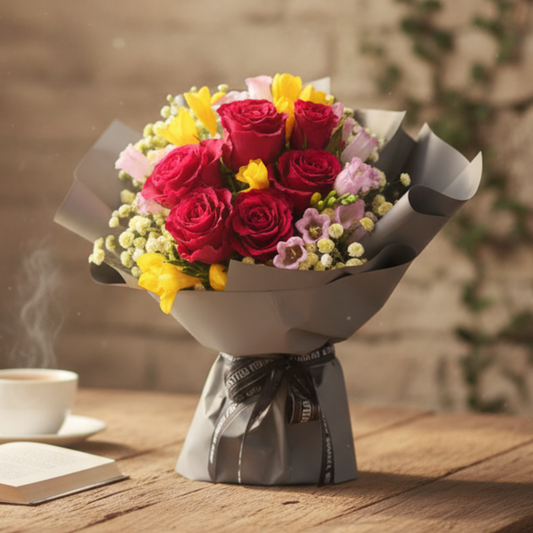 格蘭花店 - 鮮花花束 (玫瑰6枝、滿天星、風鈴草及其他襯花) [FB059]