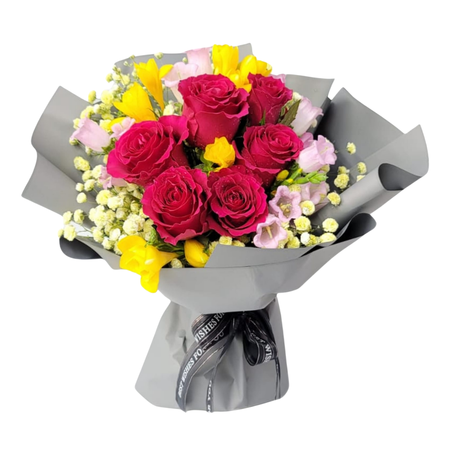 格蘭花店 - 鮮花花束 (玫瑰6枝、滿天星、風鈴草及其他襯花) [FB059]