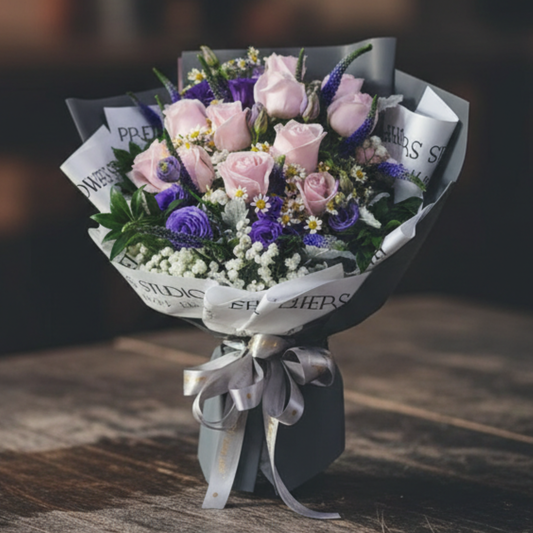 格蘭花店 - 鮮花花束 (玫瑰12枝、桔梗、滿天星、鼠尾草及其他襯花) [FB061]