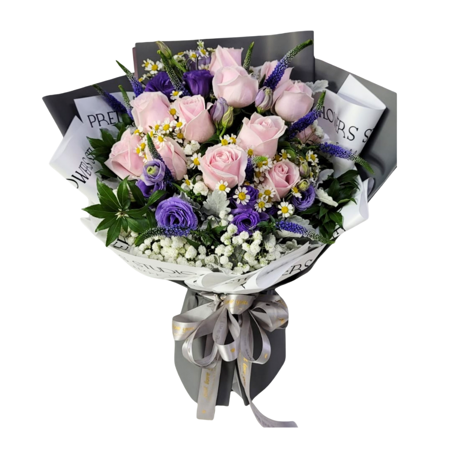 格蘭花店 - 鮮花花束 (玫瑰12枝、桔梗、滿天星、鼠尾草及其他襯花) [FB061]