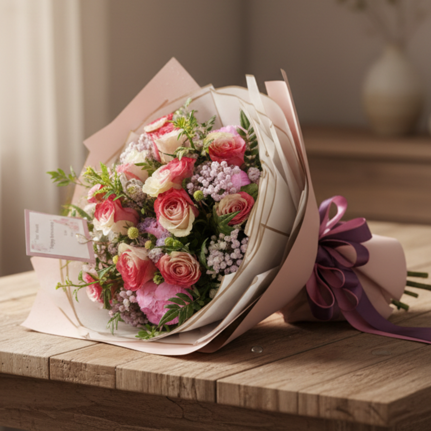 格蘭花店 - 鮮花花束 (南美玫瑰12枝、滿天星及其他襯花) [FB063]