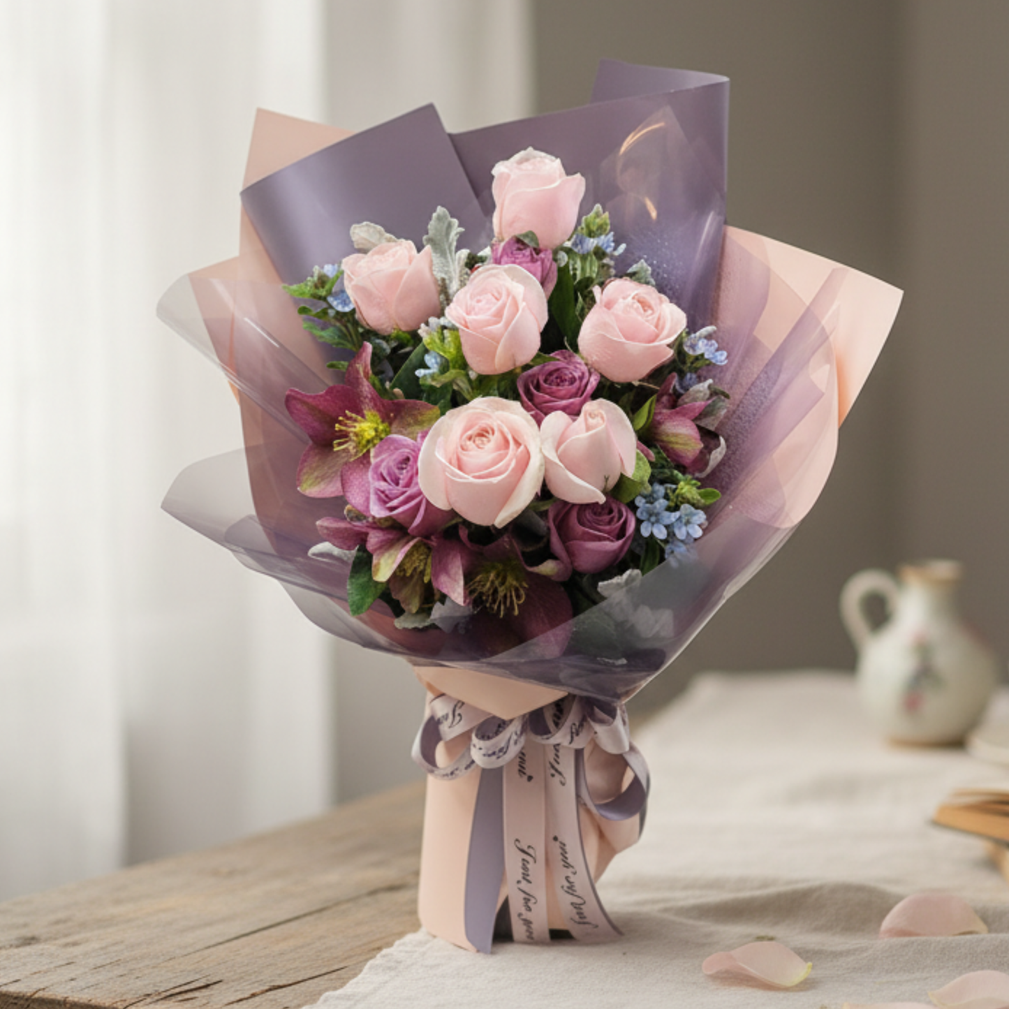 格蘭花店 - 鮮花花束 (玫瑰12枝、 藍星花、米蘭葉及其他襯花) [FB064]