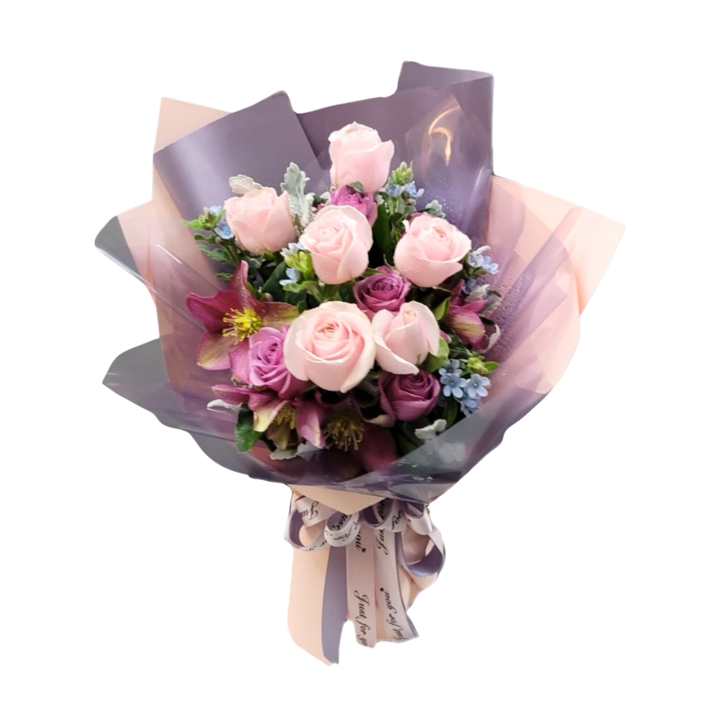 格蘭花店 - 鮮花花束 (玫瑰12枝、 藍星花、米蘭葉及其他襯花) [FB064]