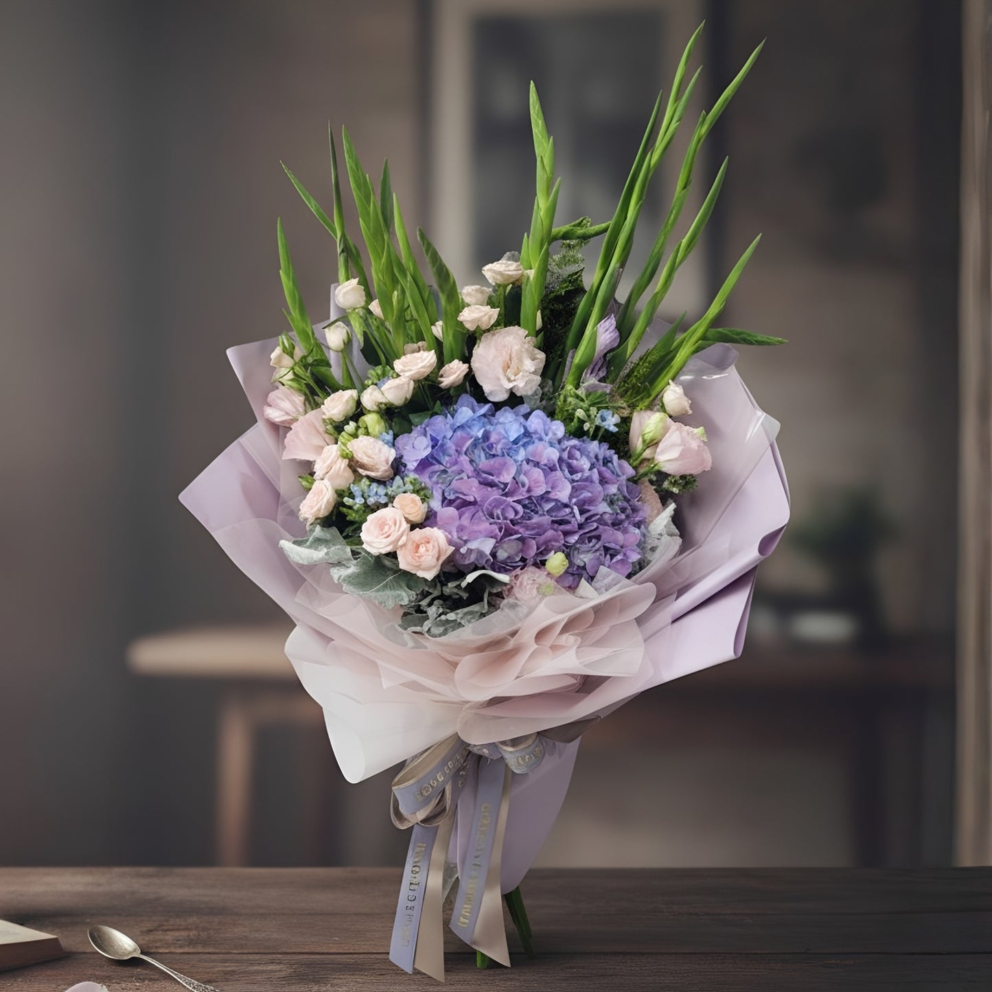 格蘭花店 - 鮮花花束 (繡球花、小玫瑰、桔梗、 藍星花、劍蘭、米娜葉及其他襯花) [FB068]