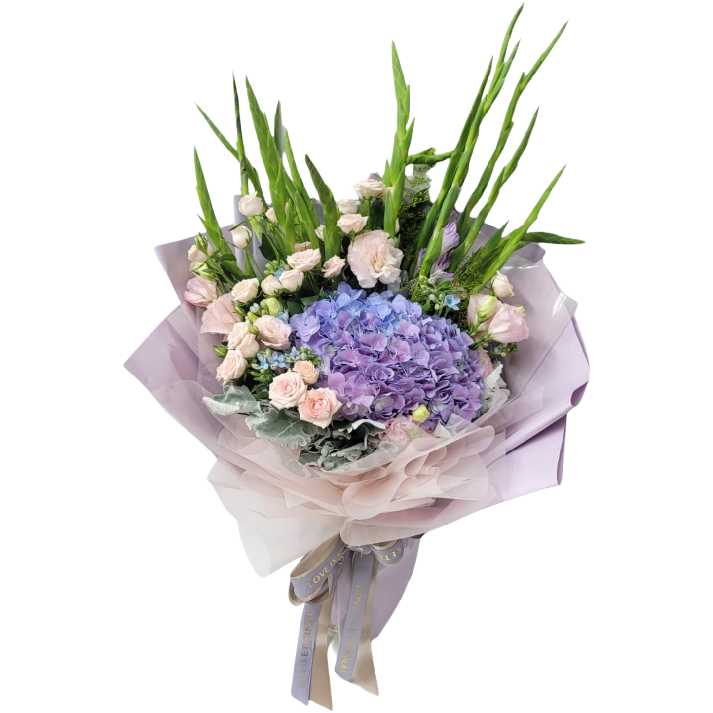 格蘭花店 - 鮮花花束 (繡球花、小玫瑰、桔梗、 藍星花、劍蘭、米娜葉及其他襯花) [FB068]