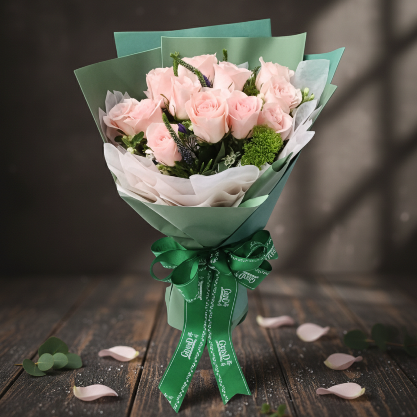 格蘭花店 - 鮮花花束 (玫瑰12枝、鼠尾草及其他襯花) [FB069]