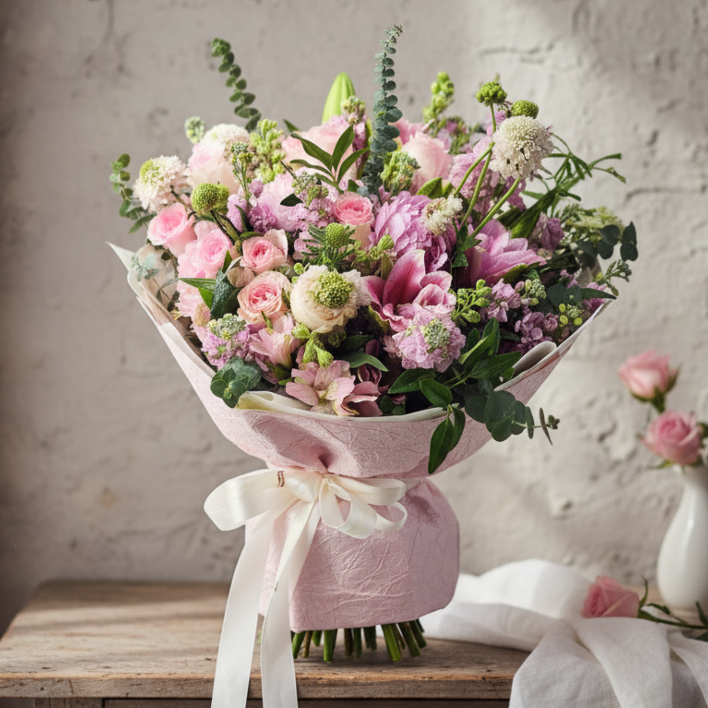 格蘭花店 - 鮮花花束 (玫瑰、日本麝香、牡丹、雙層百合、桔梗、蟲蟲草、尤加利葉及其他襯花) [FB070]