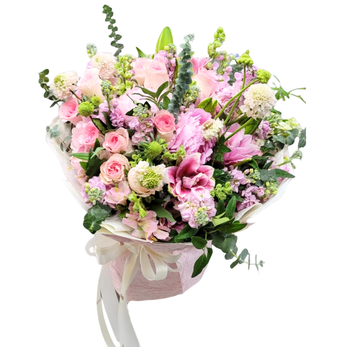 格蘭花店 - 鮮花花束 (玫瑰、日本麝香、牡丹、雙層百合、桔梗、蟲蟲草、尤加利葉及其他襯花) [FB070]