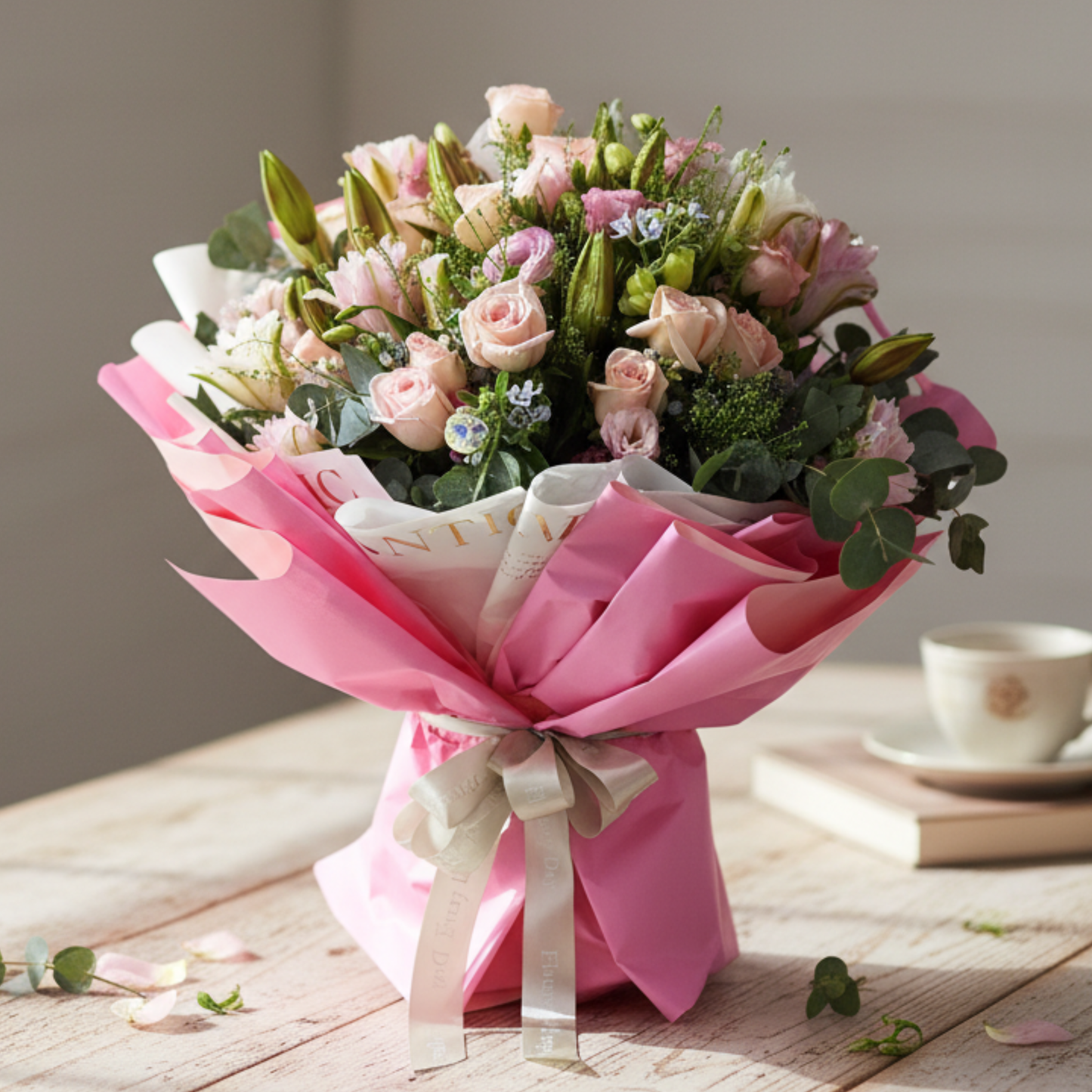 格蘭花店 - 鮮花花束 (玫瑰、藍星花、雙層百合、桔梗、BB草、尤加利葉及其他襯花) [FB072]