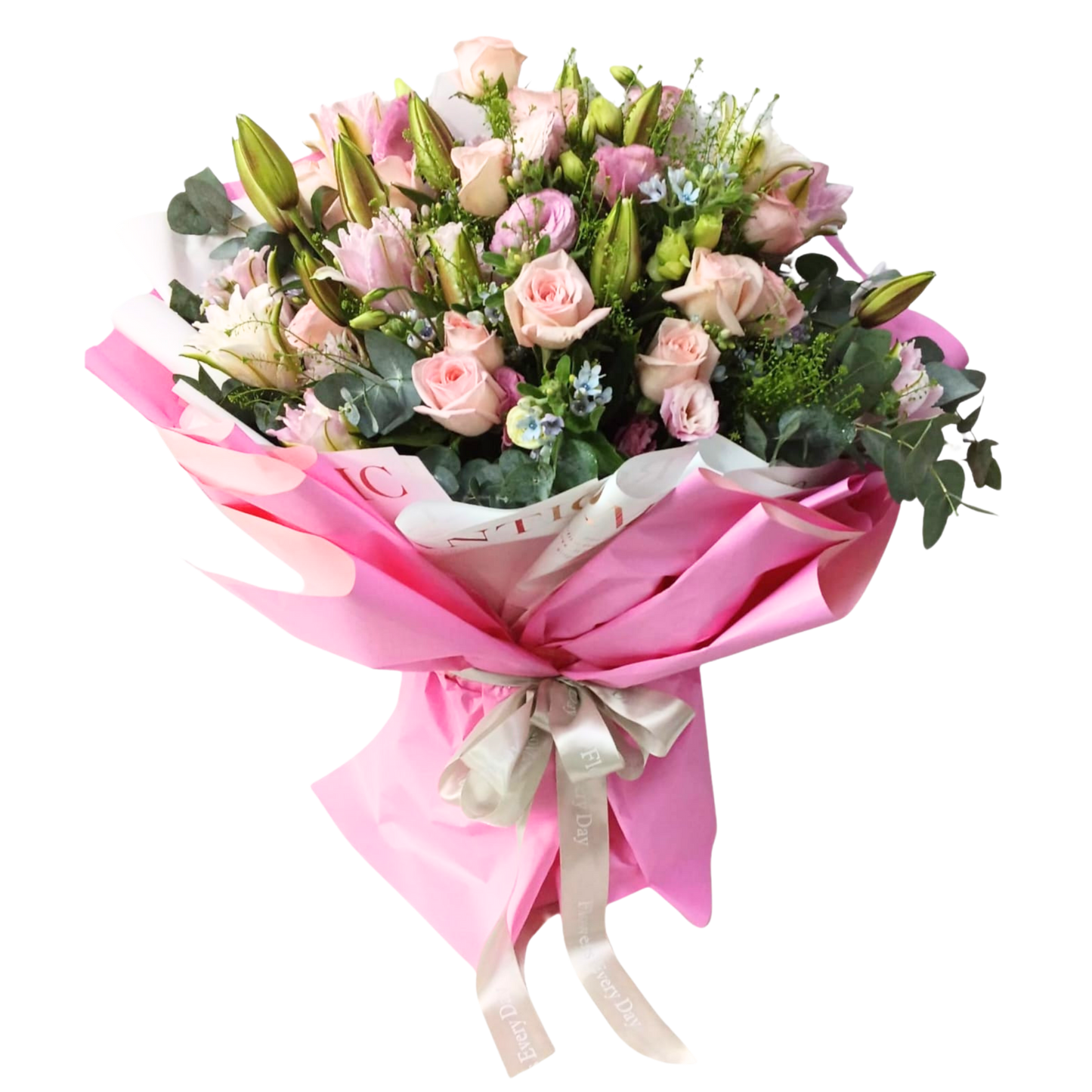 格蘭花店 - 鮮花花束 (玫瑰、藍星花、雙層百合、桔梗、BB草、尤加利葉及其他襯花) [FB072]