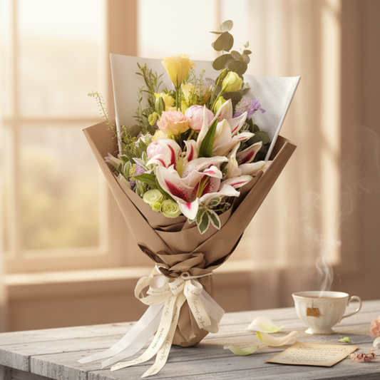 格蘭花店 - 鮮花花束 (白合、桔梗及其他襯花) [FB076]