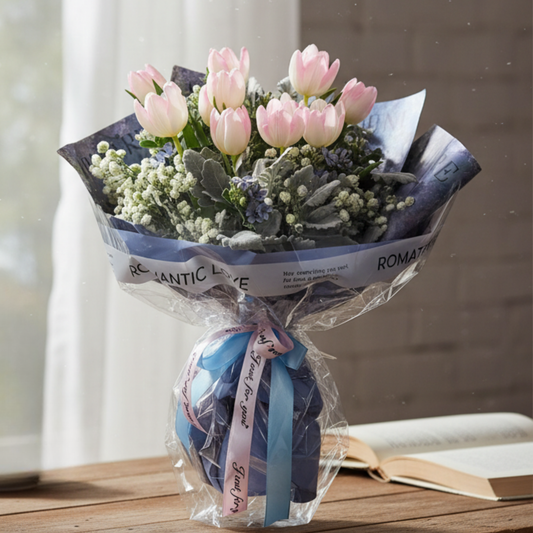 格蘭花店 - 鮮花花束 (鬱金香10枝、藍星花、滿天星、米娜葉及其他襯花) [FB078]