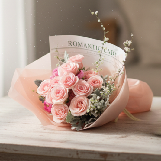 格蘭花店 - 鮮花花束 (玫瑰12枝、米娜葉及其他襯花) [FB080]