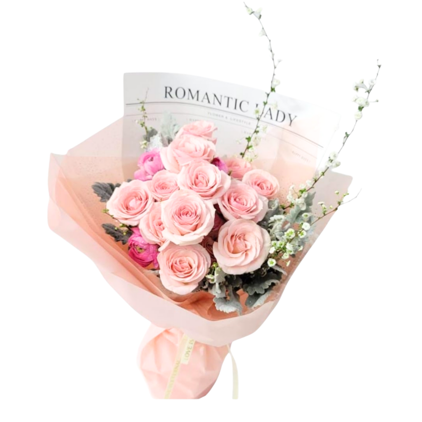 格蘭花店 - 鮮花花束 (玫瑰12枝、米娜葉及其他襯花) [FB080]