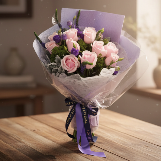 格蘭花店 - 鮮花花束 (粉玫瑰12枝、鼠尾草、桔梗及其他襯花) [FB081]