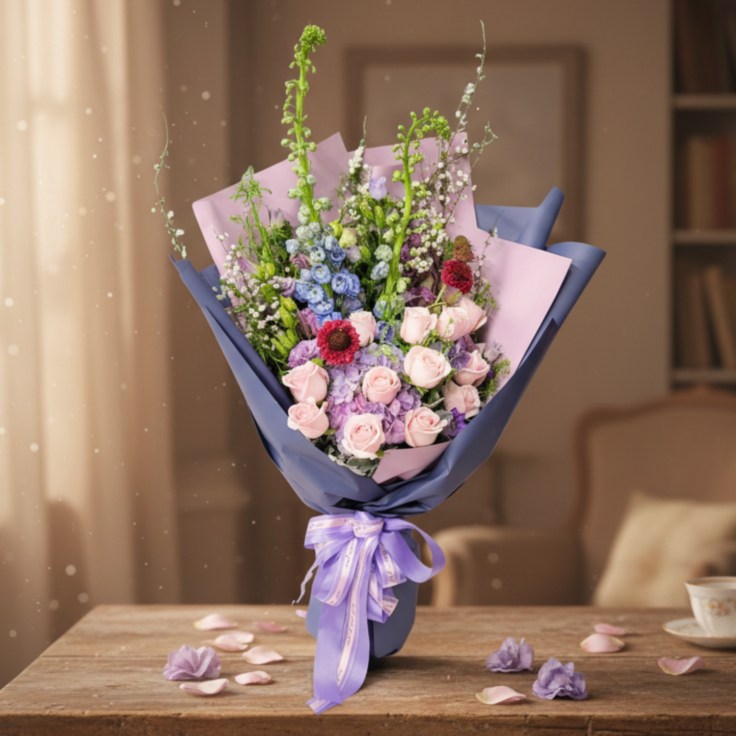 格蘭花店 - 鮮花花束 (玫瑰12枝、繡球花、大飛燕、米娜葉及其他襯花) [FB083]