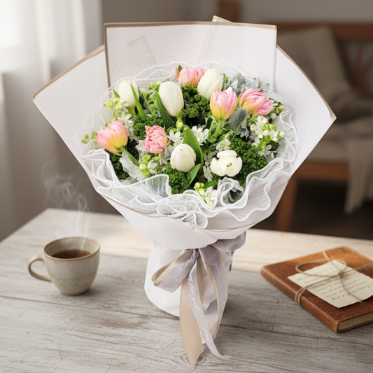 格蘭花店 - 鮮花花束 (鬱金香10枝、白星花、米娜葉及其他襯花) [FB084]