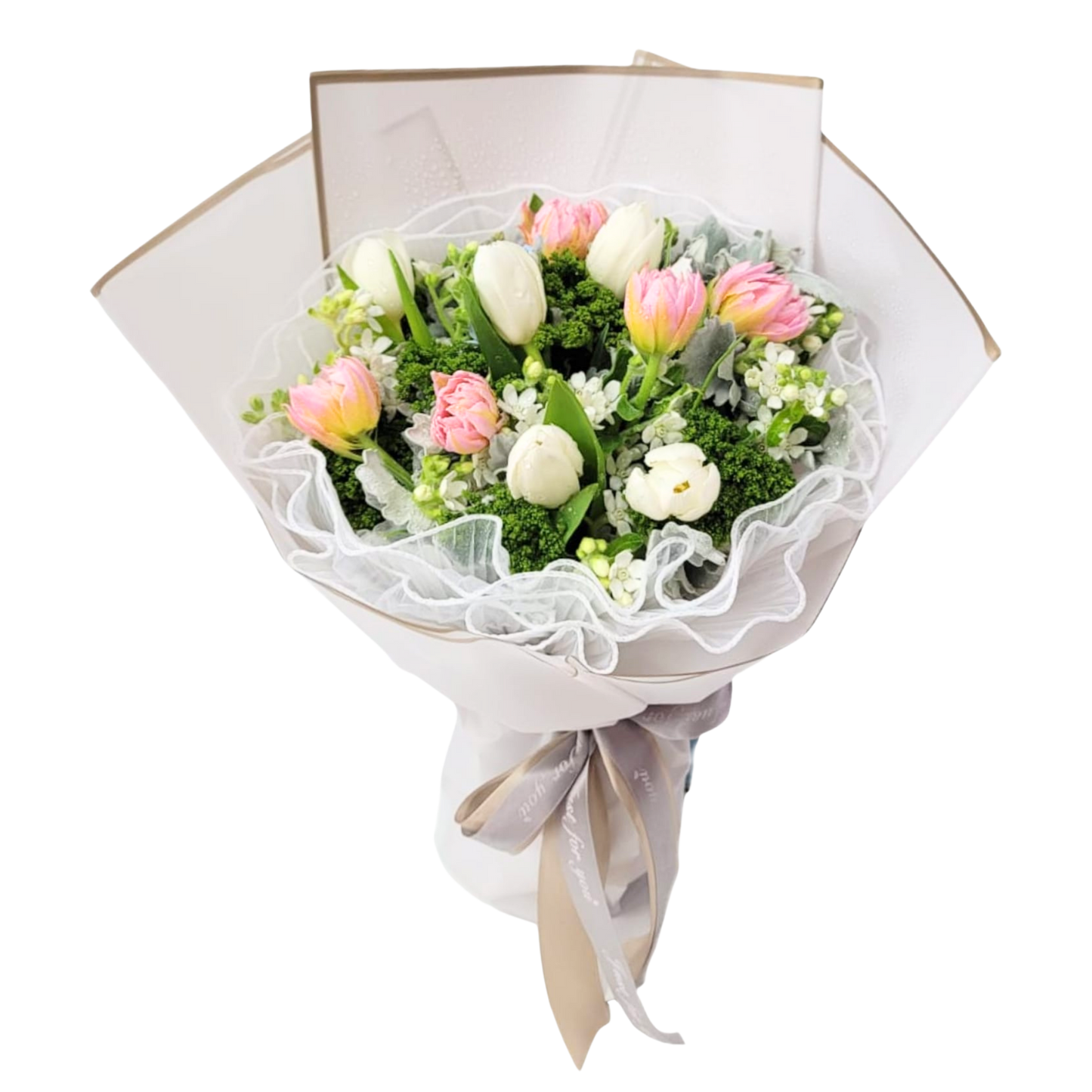 格蘭花店 - 鮮花花束 (鬱金香10枝、白星花、米娜葉及其他襯花) [FB084]