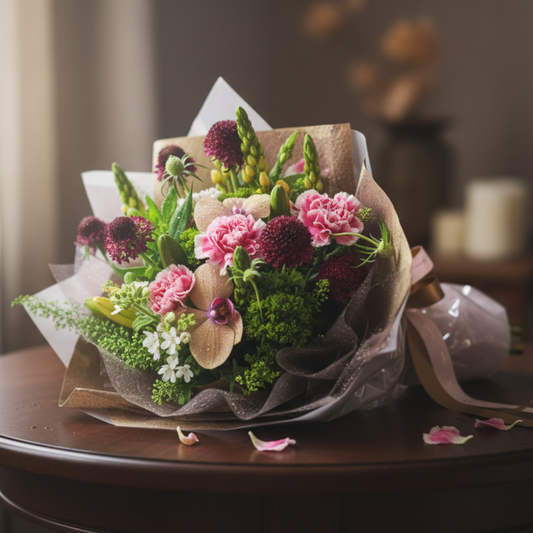 格蘭花店 - 鮮花花束 (康乃馨、白星花、白合、蟲蟲草及其他襯花) [FB086]