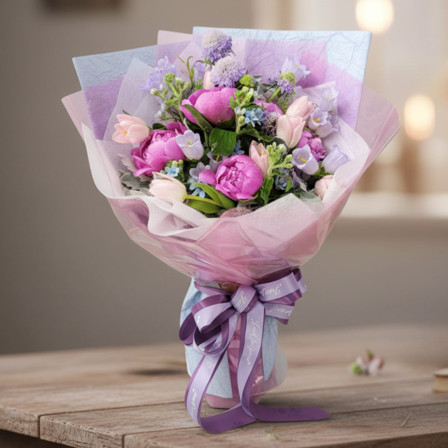 格蘭花店 - 鮮花花束 (牡丹、鬱金香、風鈴草、藍星花、蟲蟲草、米娜葉及其他襯花) [FB087]