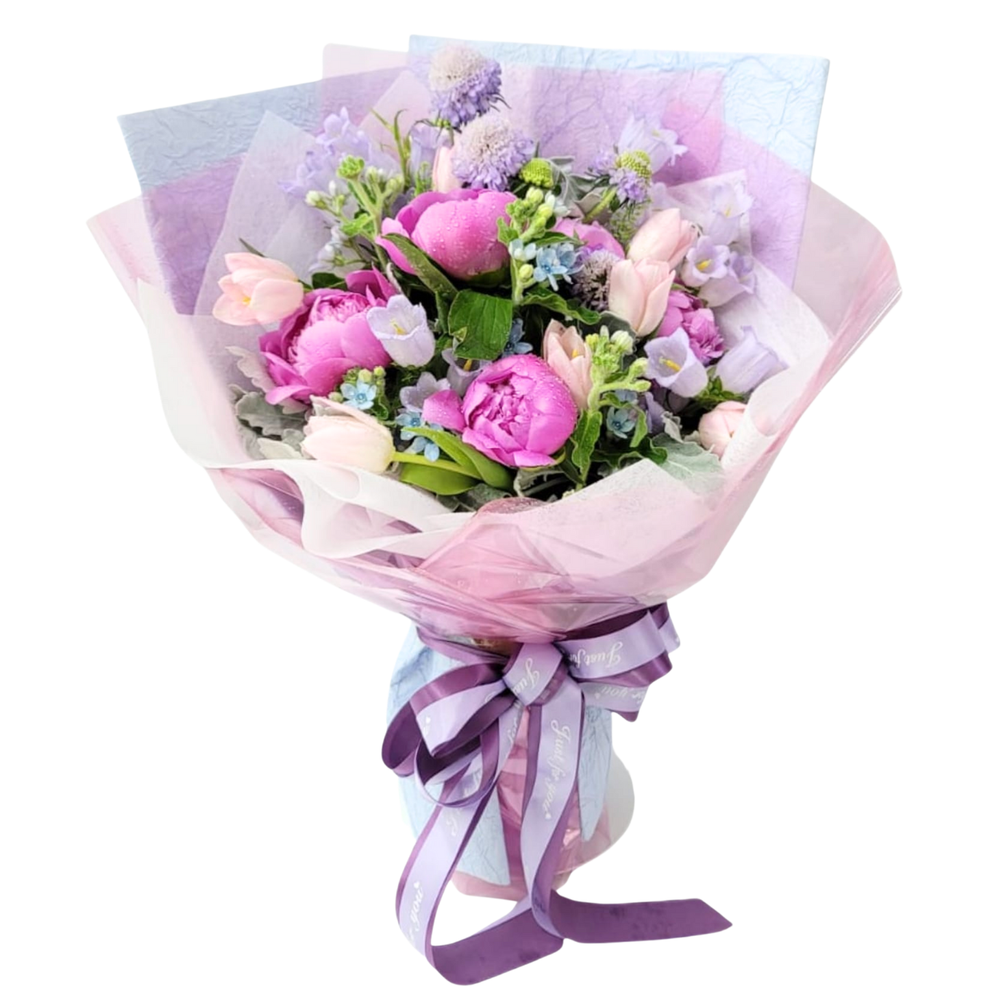 格蘭花店 - 鮮花花束 (牡丹、鬱金香、風鈴草、藍星花、蟲蟲草、米娜葉及其他襯花) [FB087]