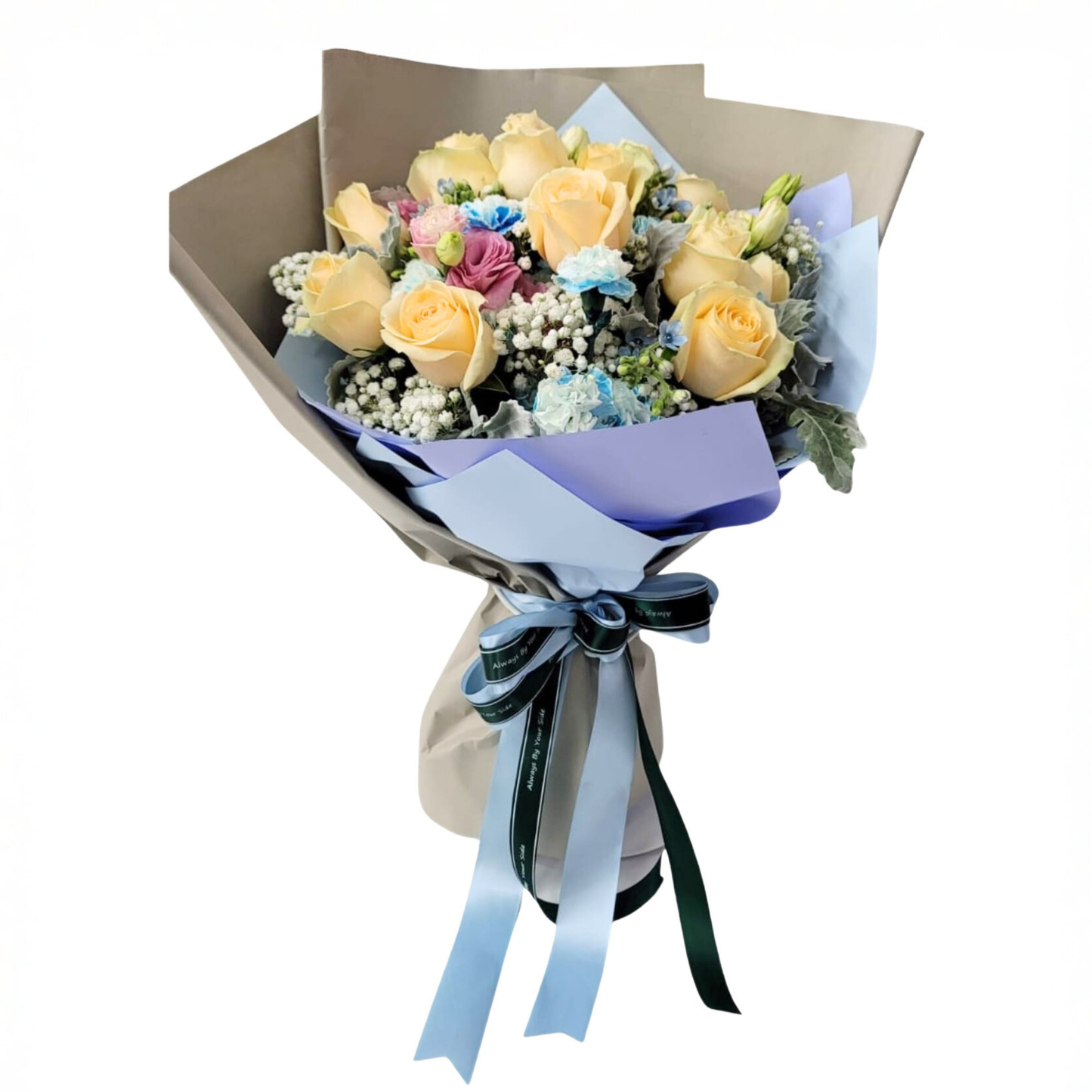 格蘭花店 - 鮮花花束 (玫瑰12枝、藍星花、桔梗、染色小丁、滿天星、米娜葉及其他襯花) [FB088]