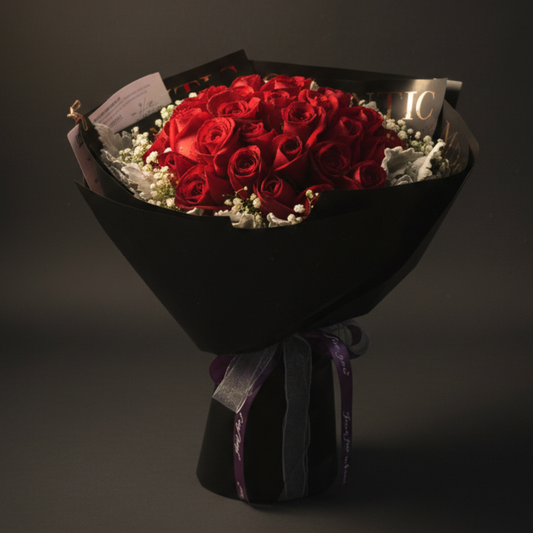 格蘭花店 - 鮮花花束 (紅玫瑰50枝、滿天星、米娜葉) [FB090]