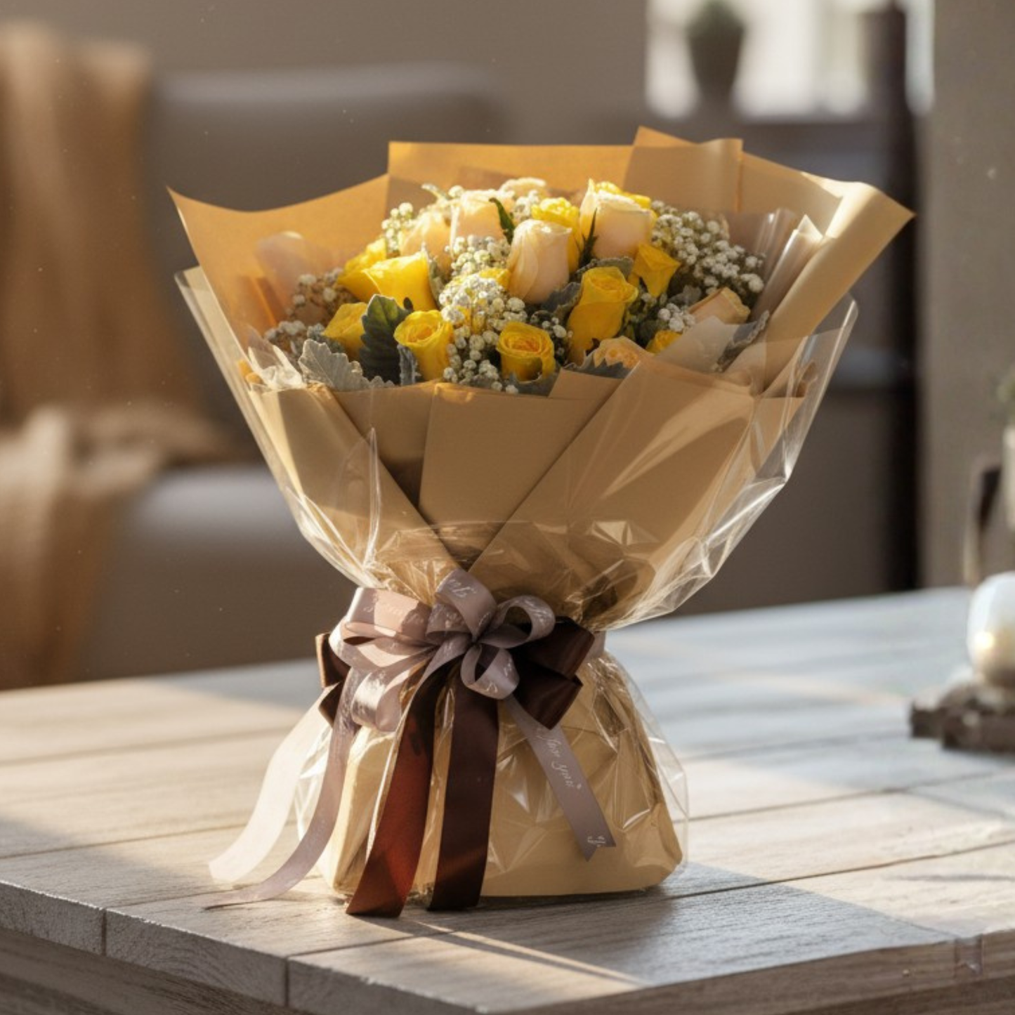 格蘭花店 - 鮮花花束 (黃玫瑰10枝、香檳玫瑰10枝、滿天星、米娜葉) [FB096]