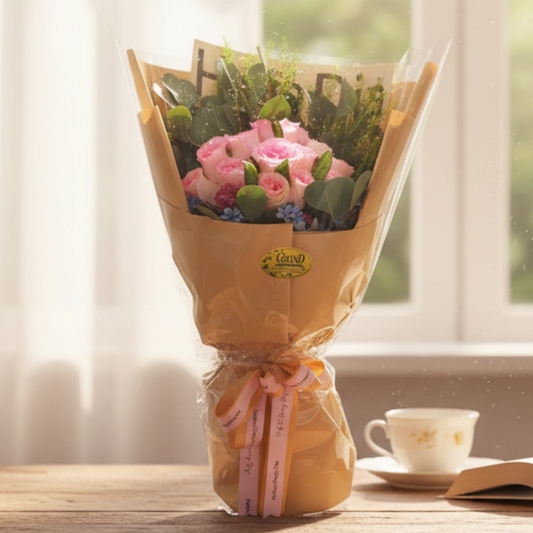 格蘭花店 - 鮮花花束 (玫瑰12枝、藍星花、蟲蟲草、尤加利葉及其他襯花) [FB097]