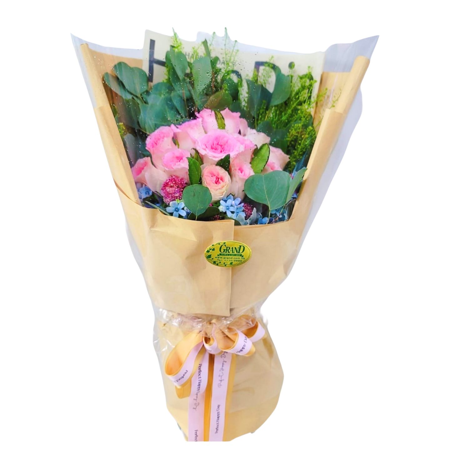 格蘭花店 - 鮮花花束 (玫瑰12枝、藍星花、蟲蟲草、尤加利葉及其他襯花) [FB097]