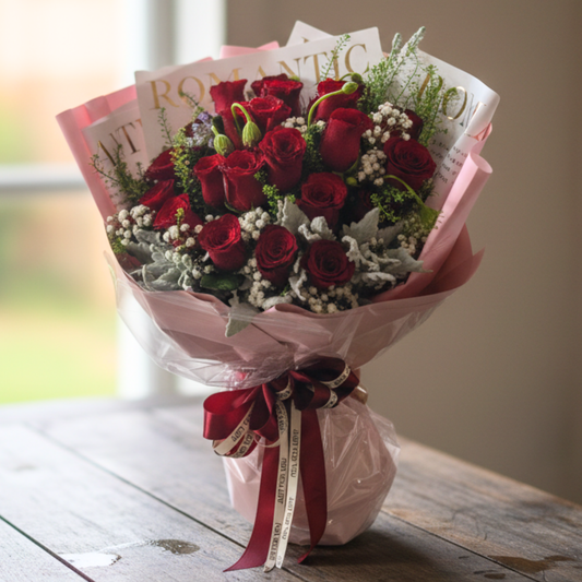 格蘭花店 - 鮮花花束 (紅玫瑰24枝、滿天星、米娜葉及其他襯花) [FB099]