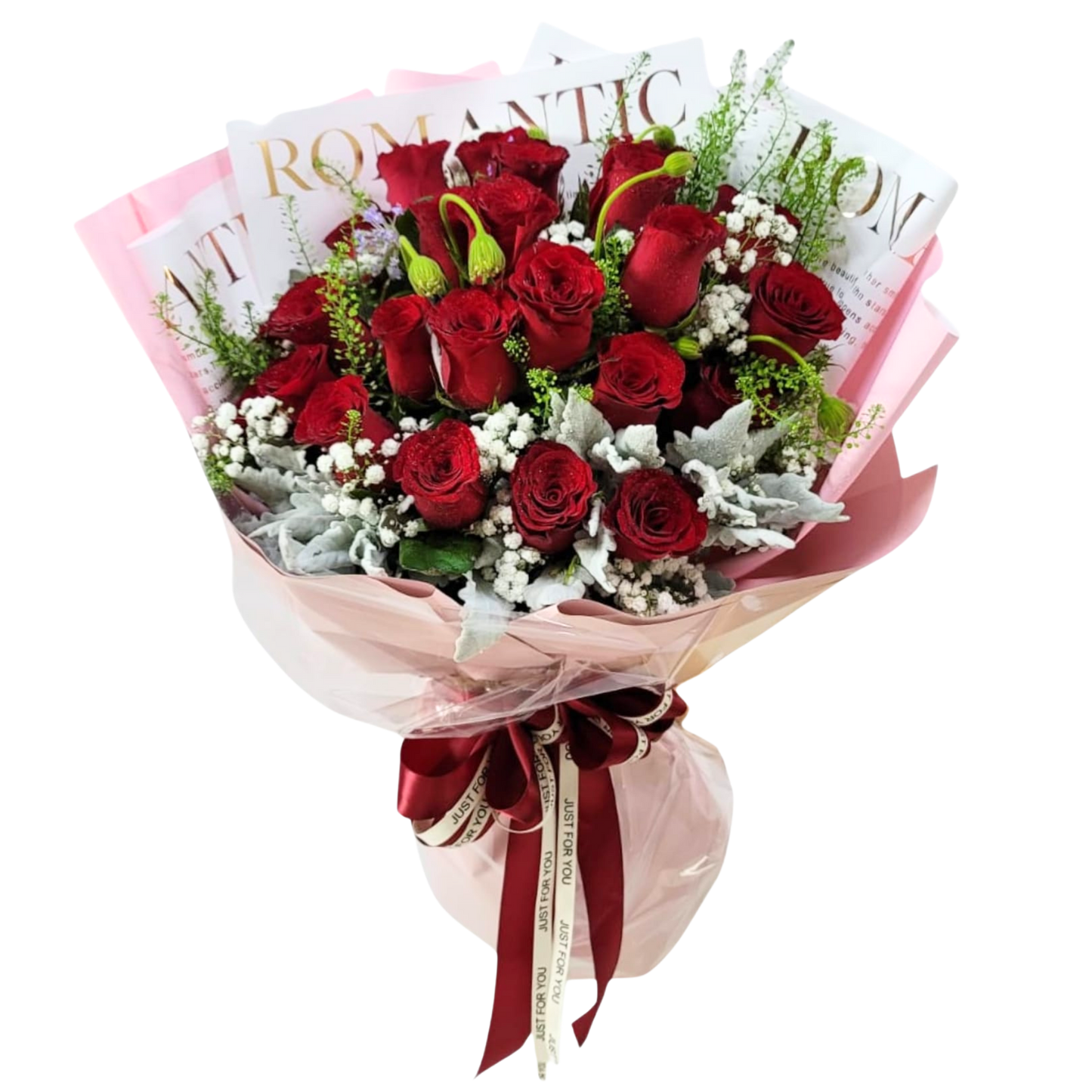 格蘭花店 - 鮮花花束 (紅玫瑰24枝、滿天星、米娜葉及其他襯花) [FB099]