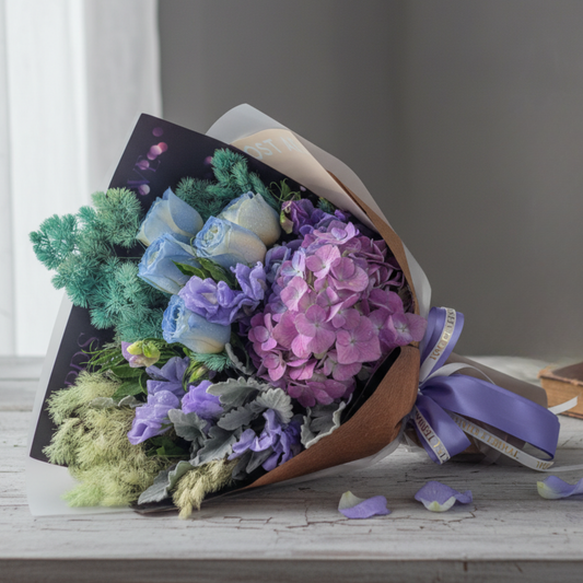 格蘭花店 - 鮮花花束 (玫瑰5枝、繡球花、米娜葉及其他襯花) [FB100]