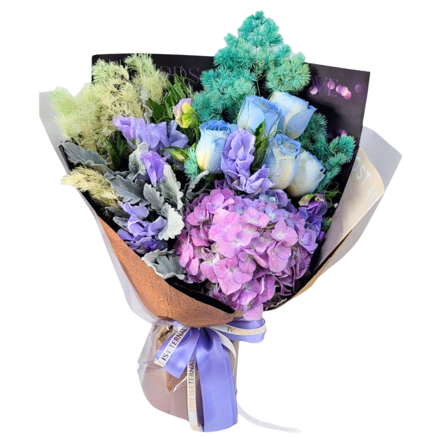 格蘭花店 - 鮮花花束 (玫瑰5枝、繡球花、米娜葉及其他襯花) [FB100]