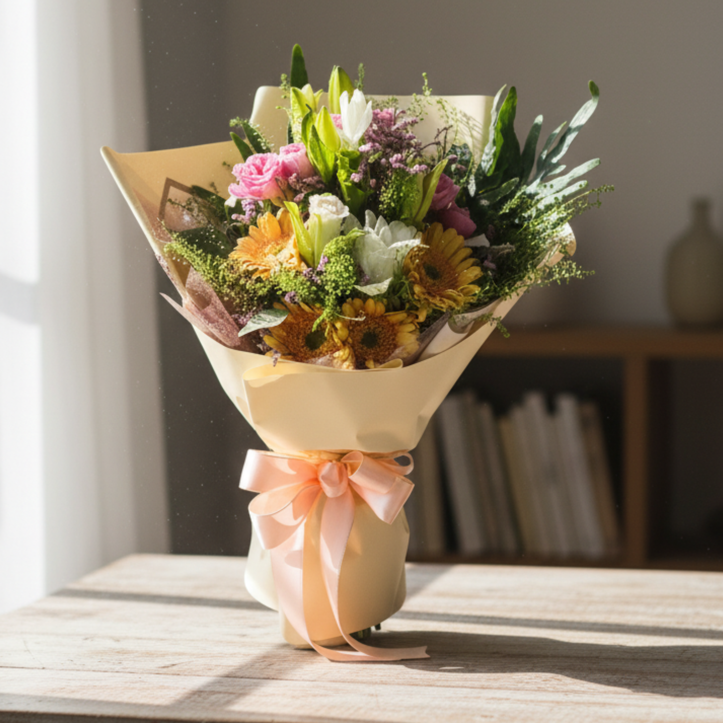 格蘭花店 - 鮮花花束 (太陽花、情人草、玫瑰、薑百合、BB草及其他襯花) [FB109]