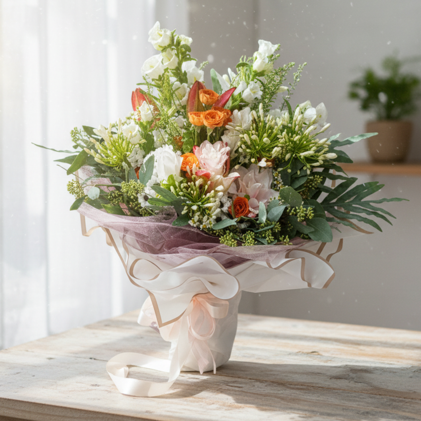 格蘭花店 - 鮮花花束 (百子蓮、風鈴草、雙層百合、小玫瑰、桔梗、蟲蟲草、尤加利葉及其他襯花) [FB111]