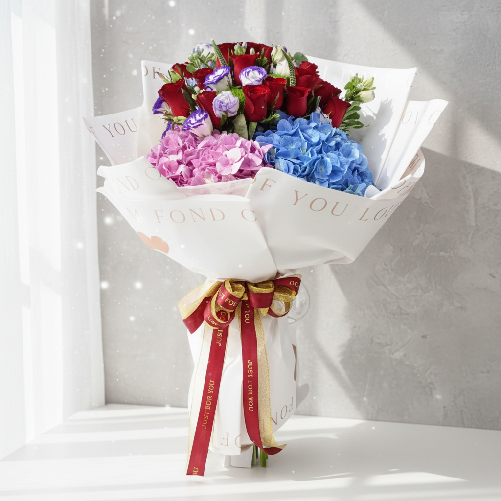 格蘭花店 - 鮮花花束 (紅玫瑰18枝、藍星花、鼠尾草、桔梗、繡球花、綠毛球及其他襯花) [FB114]