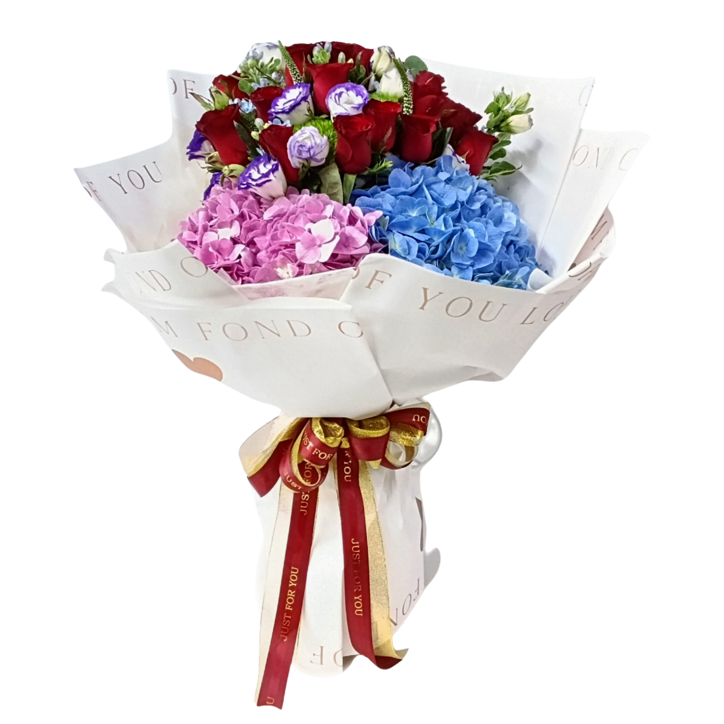 格蘭花店 - 鮮花花束 (紅玫瑰18枝、藍星花、鼠尾草、桔梗、繡球花、綠毛球及其他襯花) [FB114]