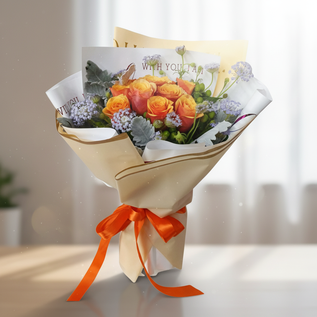 格蘭花店 - 鮮花花束 (橙玫瑰10枝、紫翠珠、綠豆、米娜葉及其他襯花) [FB119]