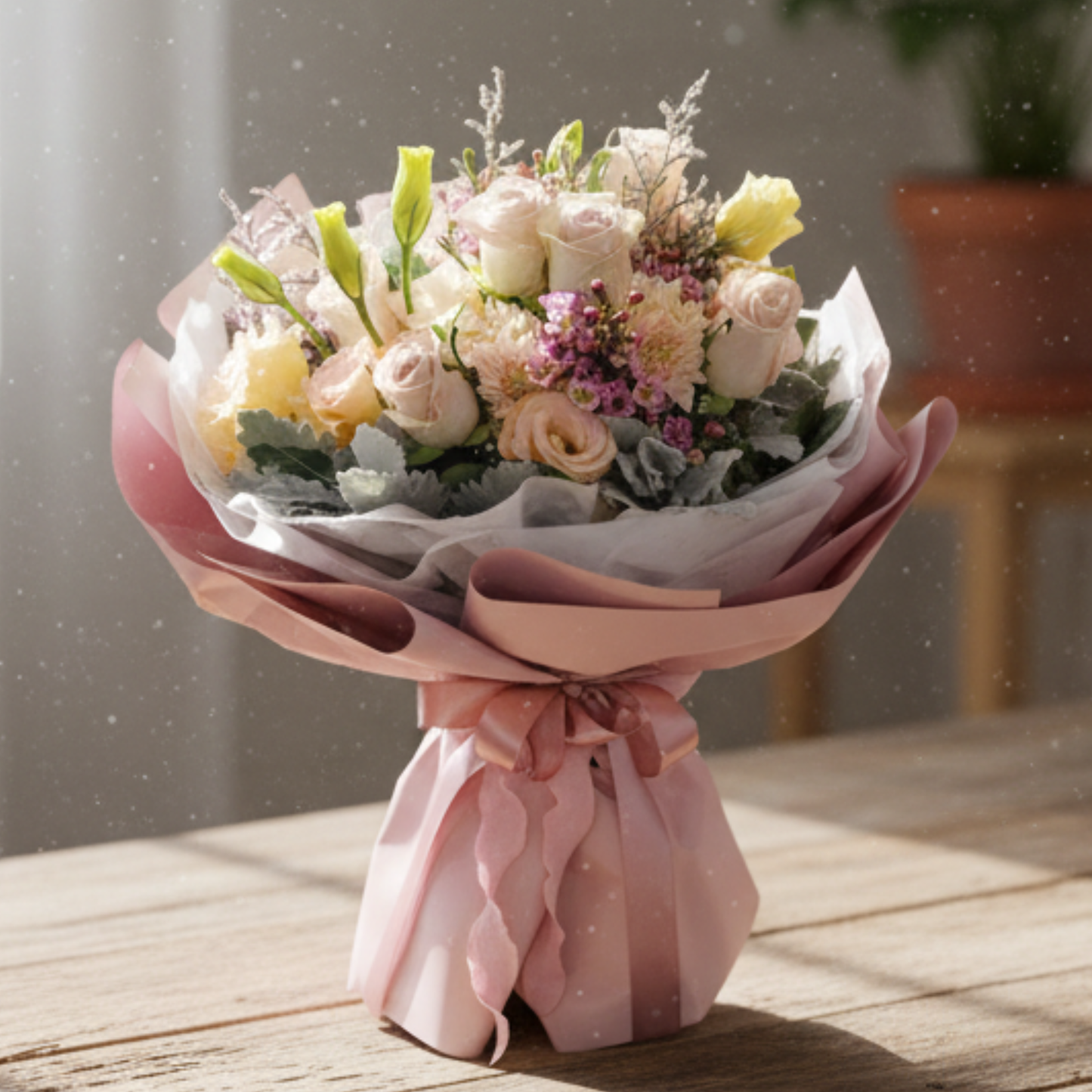 格蘭花店 - 鮮花花束 (粉玫瑰10枝、情人草、桔梗、米娜葉及其他襯花) [FB123]