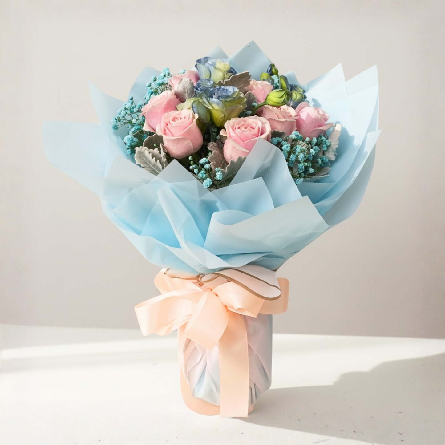 格蘭花店 - 鮮花花束 (粉玫瑰9枝、桔梗、藍星花、米娜葉及其他襯花) [FB124]
